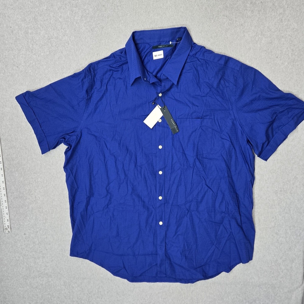 Perry Ellis Men Button Up Shirt 3XLT Coastal Blue Dress Preppy Short Sleeve NWT